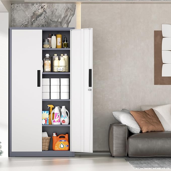 INTERGRAET 63" Tall Pantry Cabinet,Kitchen Pantry Storage Cabinets with 2 Doors and 4 Shelves,Gray White Metal Storage Cabinet,Cupboard for Home,Kitchen,Living Room/Dining