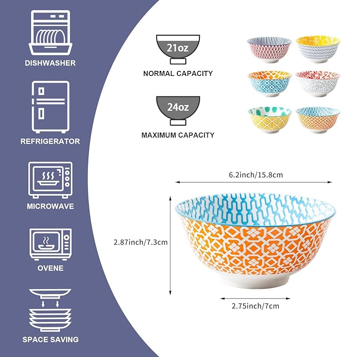 Cerkik Ceramic Soup Bowls Set - 24 Oz Deep Cereal Bowl - 6 Inch Large Kitchen Dinner Bowl Eating Pasta Salad Dessert Noodle Rice Oatmeal - Microwave Dishwasher Safe - Set of 6 - Assorted Colors