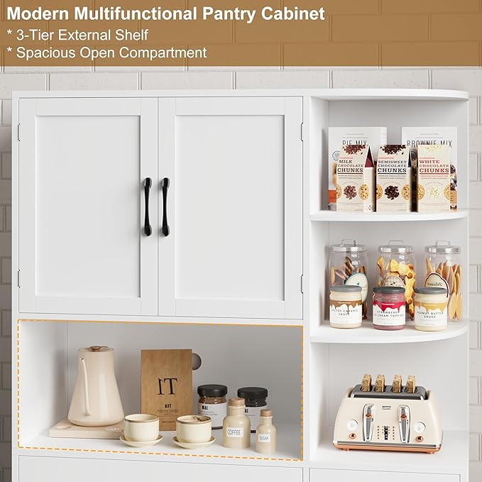 67" Kitchen Pantry Cabinet, Modern Kitchen Hutch with 5 Doors and 2 Drawers, 3-Tier External Shelf, Large Pantry Storage Cabinet with Microwave Stand for Dining Room (White)