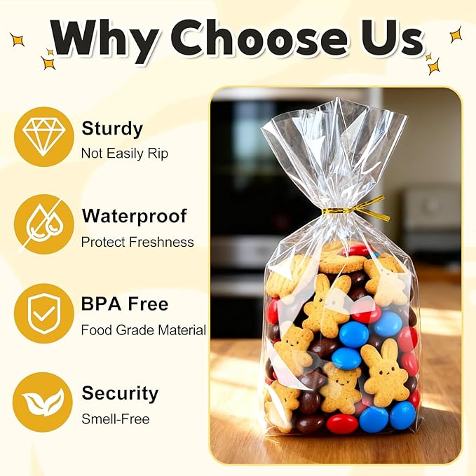 PigPotParty Cellophane Treat Bags 7"x10", 50 Pack Clear Goodie Bags, Bottom Gusset for Stand-Up Display, Small Plastic Gift Wrap for Cookies, Candy, Party Favors, Popcorn, Includes 50 Gold Ties