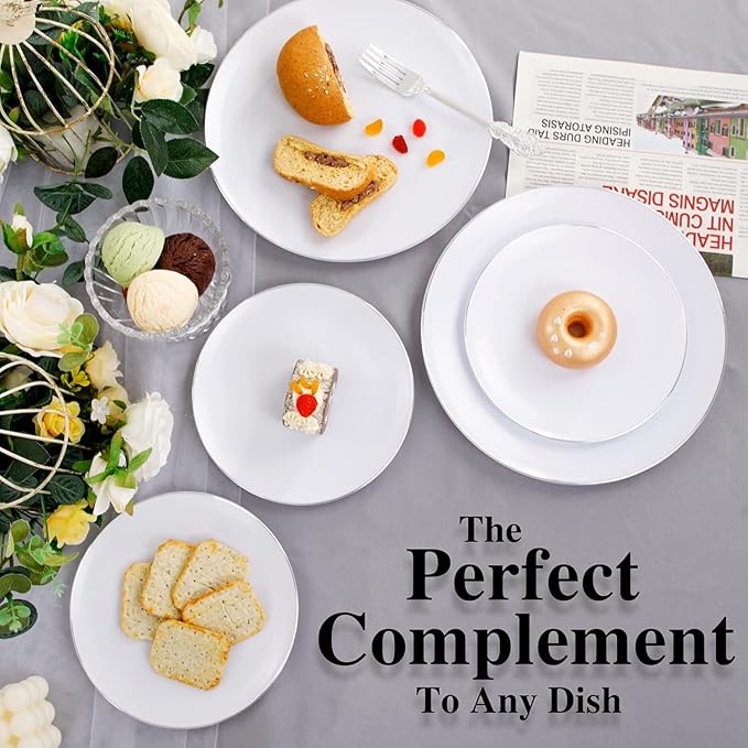 KIRE 200PCS Silver Plastic Plates - White Plastic Plates with Silver Rim Include 100 Dinner Plate and 100 for Dessert/Salad Plate for Birthday/Wedding/Party for Christmas