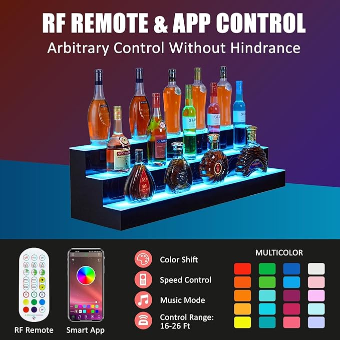 60 Inch Rectangular 3-Tier LED Lighted Liquor Shelf ??Acrylic Wine Rack with Remote/App Control, 16 Colors & 1-8H Timer, USB Powered for Home Bar & Commercial Use