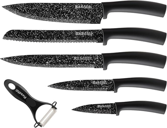 Knife Set, 6 Pieces Kitchen Knives Set with Anti-Rust Coating & Ergonomic Handles, Lightweight, Dishwasher Safe stainless steel Knife, Gift for Kitchen Enthusiasts, Family Chef(Bend)