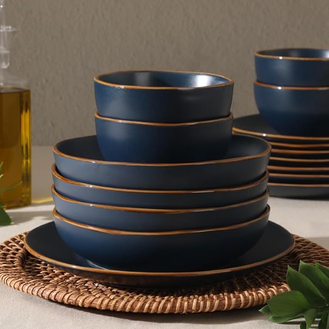 Gibson Home Hazeltine 16-Piece Navy Blue Stoneware Dinnerware Set ??Plates and Bowls, Durable Ceramic Kitchen Dinner Set