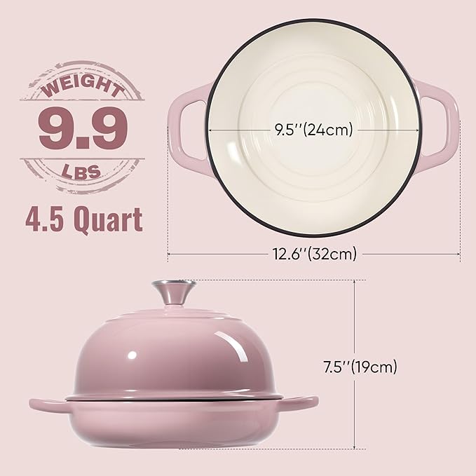 4.5 QT Dutch Oven for Bread Baking, Cast Iron Bread Oven for Sourdough, Enamelled Bread Dutch Oven with Lid, Heavy-Duty Non Stick Bread Pot, Pink