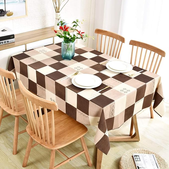 LOHASCASA Square Tablecloth Plastic PVC Wipeable Oilcloth - Vynle Spillproof Tablecloth Party Kitchen Dining Tablecloths - Tan and Brown Plaid 54x54 Inch