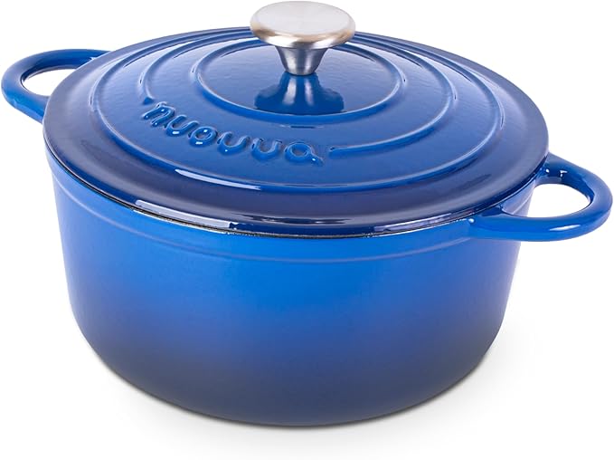 Cast Iron Pot with Lid ??Non-Stick Ovenproof Enamelled Casserole Pot, Oven Safe up to 500째 F ??Sturdy Dutch Oven Cookware ??Dark Blue, 5-Quart, 24cm ??by Nuovva