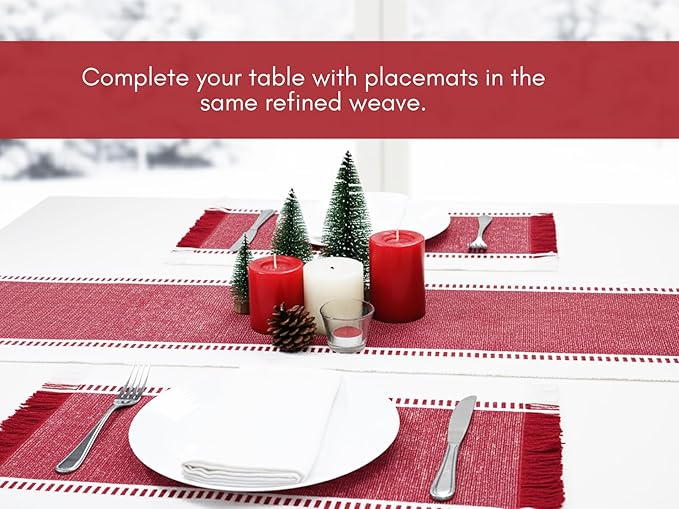 PurpleEssences Table Runner - Wide with Dobby Stripe, Heavy Ribbed Weave & Double Knot Fringes, 14x90 Inch (14x95.5 with Fringes) Boho Farmhouse Decor - Christmas Holiday Winter - Red and White