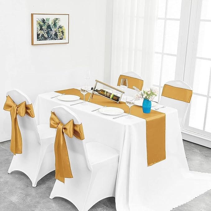 4-Pack Old Gold Satin Table Runner 12 x 108 Inch Long Bright and Smooth Silk Fabric Table Runner for Wedding Banquet Birthday Party Decoration