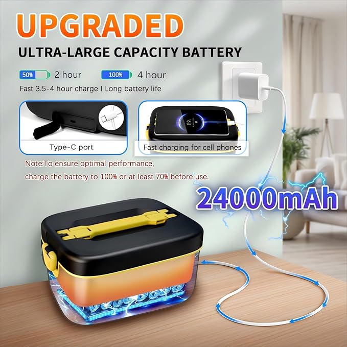 Cordless Electric Lunch Box,24000mAh Heated Lunch Box Battery Powered with Automatic Heating, 5Cups Portable Food Warmer,Multi-Mode Automatic Heating with an Insulated Bag and Utensils (Black)