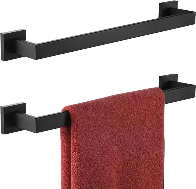 KOKOSIRI 16-Inch Single Towel Bar, Bathroom Kitchen Towel Holder, Wall Mounted SUS304 Stainless Steel Towel Rack 2 Pack, Matte Black, B4003BK-L16-P2
