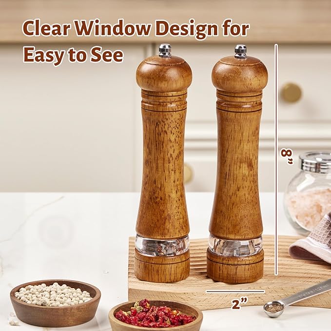Wooden Pepper Grinder Set of 2, 8 Inch Beech Wood Pepper Mills with Stainless Steel Core, Manual Pepper Grinder with Comfort Grip & Effortless Grinding for Kitchen Cooking