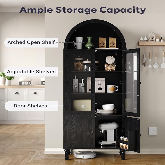 71" Tall Arched Pantry Cabinet, Modern Kitchen Storage Cabinet with Doors, 3 Adjustable Shelves, Door Shelves, Organizer, Versatile Cupboard for Kitchen, Bathroom, Black