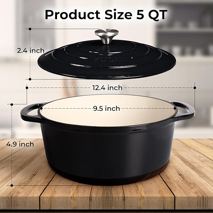 Zulay Kitchen 5 Quart Enameled Cast Iron Dutch Oven Pot with Lid ??Premium Durability & Oven Safe up to 500째F ??Heavy Duty Cookware Perfect for Bread Baking, Stews, Braising & Roasting ??Black