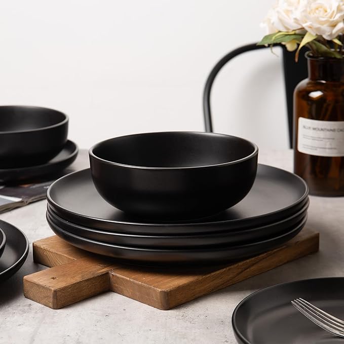 Furrnook 12-Piece Stoneware Dinnerware Set with Mugs | Microwave and Dishwasher Friendly | Stackable Matte Glaze Plates & Bowls | Service for 3 (Black for 4)