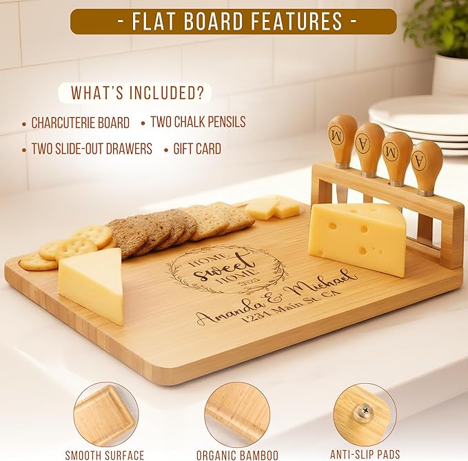 Personalized Bamboo Charcuterie Board Set with Accessories ??Large Serving Tray with Knives & Smooth Surface for Cutting or Serving, Present for Wedding, Christmas, Anniversary, Housewarming Gift