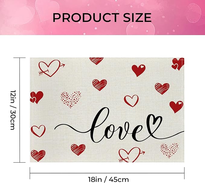 Valentine Placemats Set of 4, 12x18 Inch Love Hearts Table Mats, Seasonal Anniversary Holiday Valentines Day Table Decorations for Kitchen Dining Home Party Decor (White)