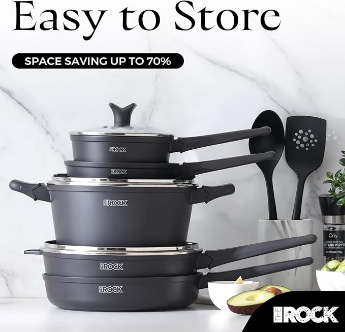 THE ROCK SOHO 15Pcs Cookware Set ??Pots and Pans Set Non Stick with ROCK.TEC ??Compact for Urban Kitchens, Nothing Sticks, Never Warps, Lasts Longer, Induction & Dishwasher Safe, Black