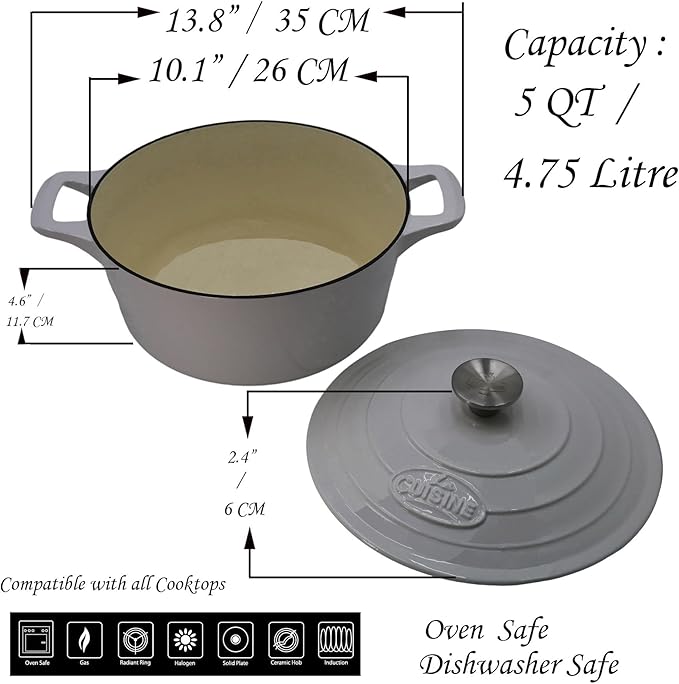 La Cuisine Enameled Cast Iron Dutch Oven Casserole Dish Pot with Lid 5 QT 10.3" /26cm Cream White Enamel Coating Interior, White Enamel Coating Exterior, Oven Safe up to 500째 F