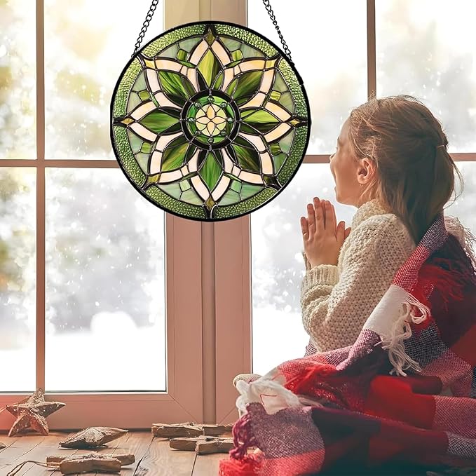 Stained Glass Window Hanging - White Green Boho Flower Suncatcher for Doors Window Home Sun Catchers Decor Christmas Mother's Day Birthday Gifts for Teacher Women Men Mom Nana 11.8 in