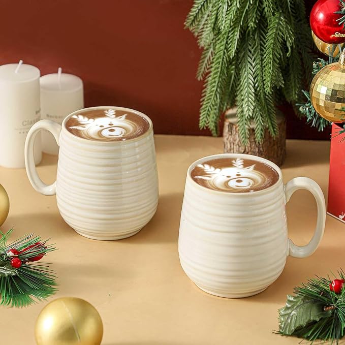 HASENSE Coffee Mugs Set of 2, 20 oz Ceramic Coffee Cups for Men and Women, Premium Large Tea Cups Gift Box with Coaster & Gold Spoon, Couple Mugs for Wedding Gift, Clay-Infused White