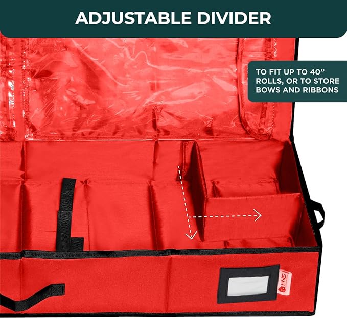 HOLDN??STORAGE Premium Wrapping Paper Storage Container - Durable 600D Tear-Proof, Fits 27 Rolls Gift Wrap, Extra Pockets for Ribbons & Bows, Underbed Storage - Ideal for Holiday Christmas, Red