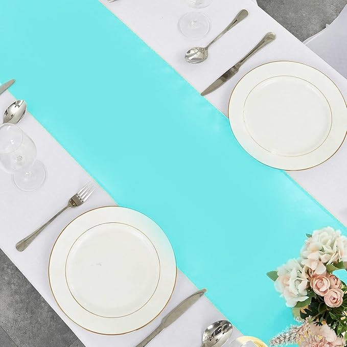 10-Pack Turquoise Satin Table Runner 12 x 108 Inch Long Bright and Smooth Silk Fabric Table Runner for Wedding Banquet Birthday Party Decoration