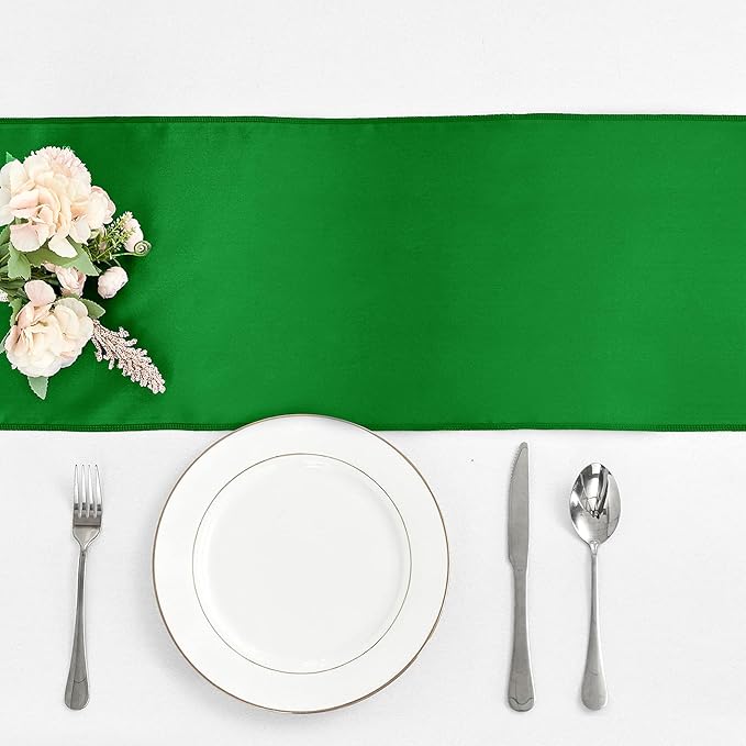 10-Pack Emerald Green Satin Table Runner 12 x 108 Inch Long Bright and Smooth Silk Fabric Table Runner for Wedding Banquet Birthday Party Decoration