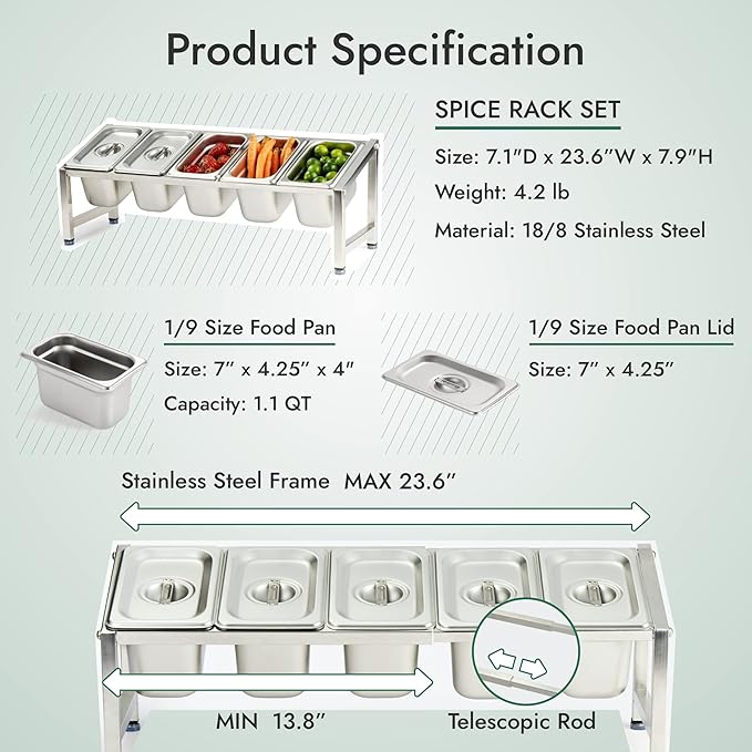 CURTA Expandable 18/8 Stainless Steel Spice Rack Set, NSF Certified, 1-Tier Inclined Organizer Shelf with 5 1/9 4??Pan&Lid, 13.8" - 23.6" Adjustable, Countertop Holder for Seasoning Ingredients