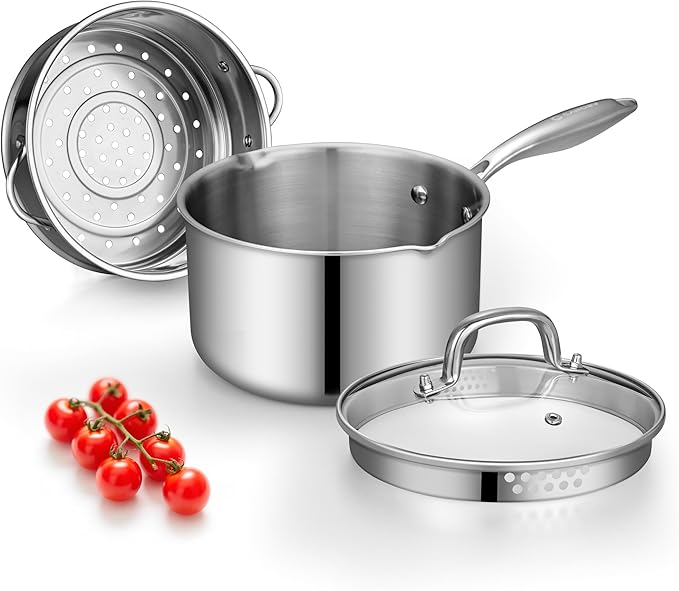 Tri-Ply Stainless Steel Sauce Pan with Steamer Basket & Straining Glass Lid ??Heavy-Duty, Thick Base,Rust-Resistant,Warp-Free ??00% Food-Grade ?볿uilt to Last??Works with All Stovetops, Pasta Pot 2 QT