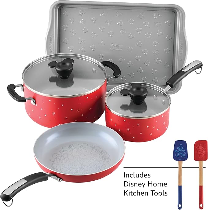 Farberware Disney Bon Voyage Ceramic Nonstick Pots and Pans Set with Baking Sheet/Cookie Pan and Disney Home Kitchen Tools, 8 Piece Non Stick Cookware Set - Red
