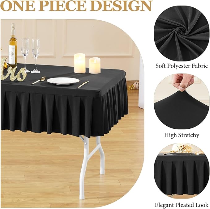 Wish Care 2 Pack Black Spandex Table Clothes for 8 Foot Rectangle Tables Wrinkle Free Stretch Fitted Tablecloths 8ft Pleated Ruffle Elastic Table Cover Skirt for Dining Outdoor Home Party Tablecloth