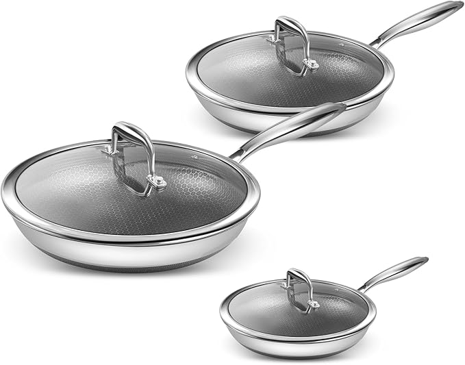 Nonstick Frying Pan Set, 8, 10 and 12 inch Frying Pans, 6-Piece Hybrid Non stick 18/10 Stainless Steel Pans with Lid, Induction Compatible, Dishwasher &Oven Safe, PFOA Free