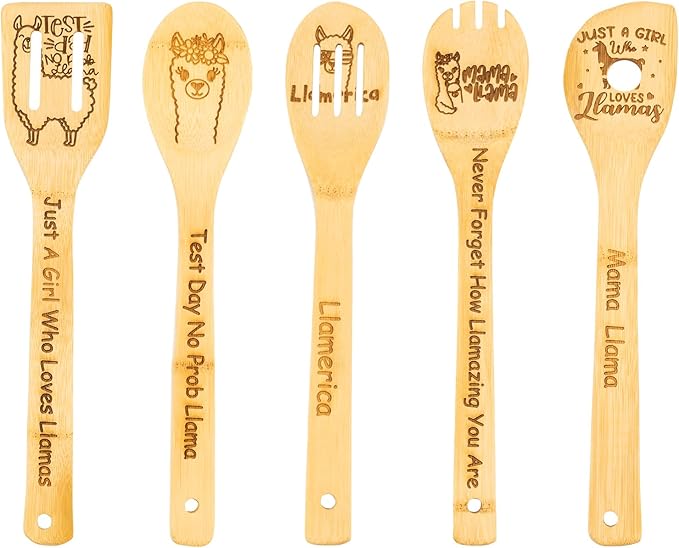 5PCS Llama Wooden Cooking Spoons Llama Gifts Llama Decor Llama Gifts for Women Llama Kitchen Decor Gifts for Llama Lovers llamas Stuff Housewarming Wedding Cooking Bamboo Cooking Spoons