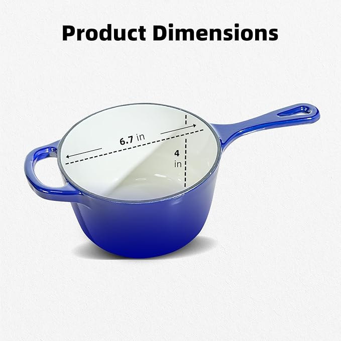 1.75QT Enameled Cast Iron Sauce Pan, Enameled Saucepan with Lid, Small Dutch Oven Cooking Kitchen Pot, Nonstick & Heavy Duty for Cooking Pasta Sauce, Gravy, Puddings, Marinate, Boiling - Blue