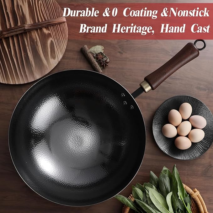 Carbon Steel Wok Pan, 13.5?쿥oks & Stir-Fry Pans with Wooden Lid Cookwares, Nonstick Wok, No Chemical Coated Round Bottom Hand Hammered Chinese Wok For Gas