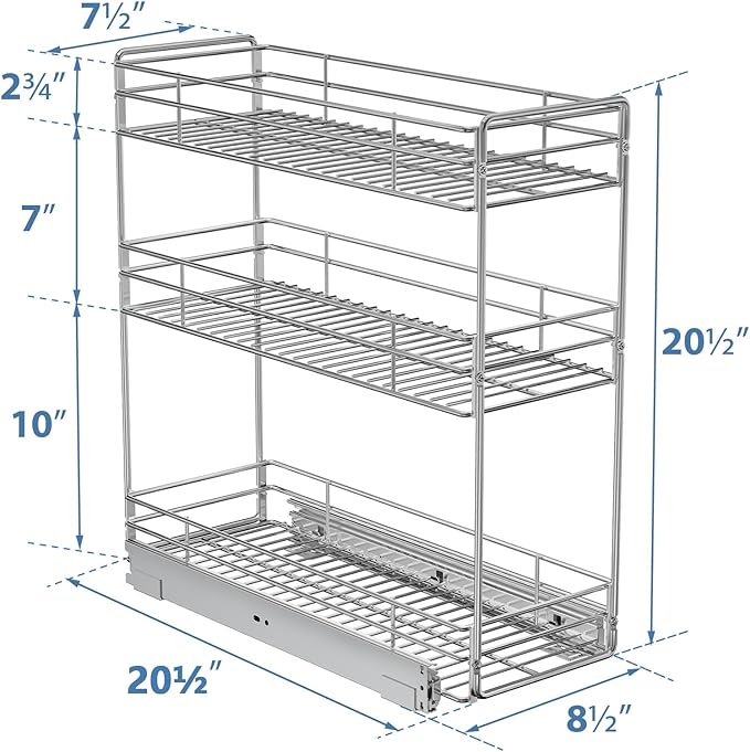 ROOMTEC Pull Out Spice Rack for Narrow Cabinet (8쩍" W X 20쩍" D),3 Tier Slide Out Cabinet Organizer and Pull Out Shelves Under Cabinet Storage for Kitchen, Chrome