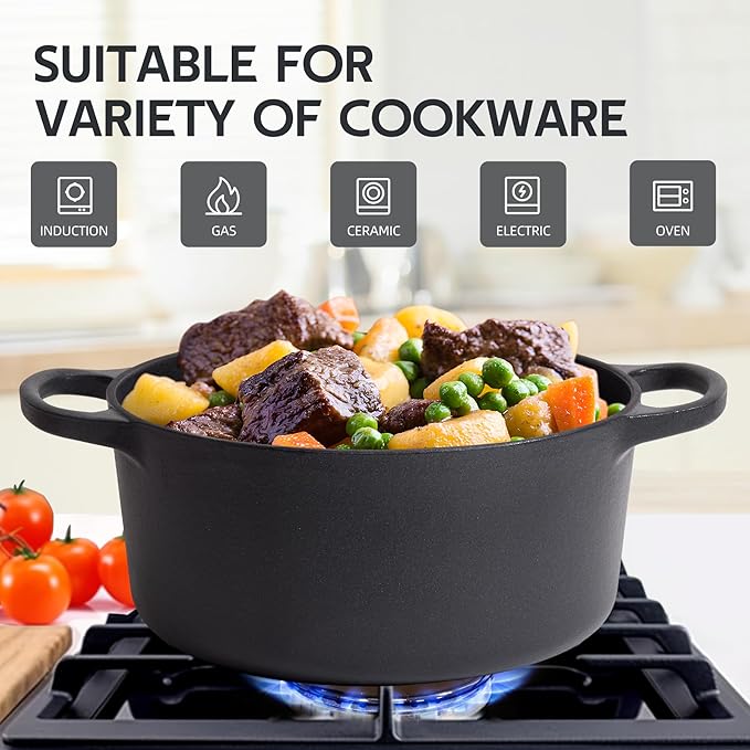 6 Quart Dutch Oven Enameled Cast Iron with Lid - Big Dual Handles - Oven Safe up to 500째F - Classic Round Pot for Versatile Cooking (Matte Black(No Enameled), 6 QT)