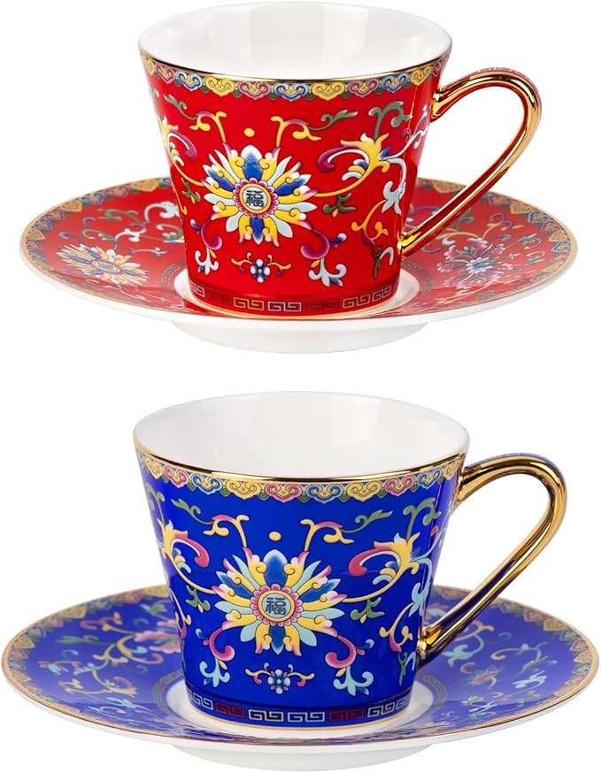 KAMMAK Tea Cups and Saucers Set of 2, Porcelain Coffee Cup with Saucer for Espresso, Cappuccino, 8oz Vintage Red and Blue Ceramic Novelty Mug for Home, Tea Party, Office