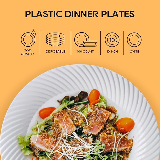 FOCUSLINE 10 Inch White Plastic Plates,100 Count Disposable Heavy Duty Dinner Plates, Premium Hard Plastic for Weddings, Parties and Events