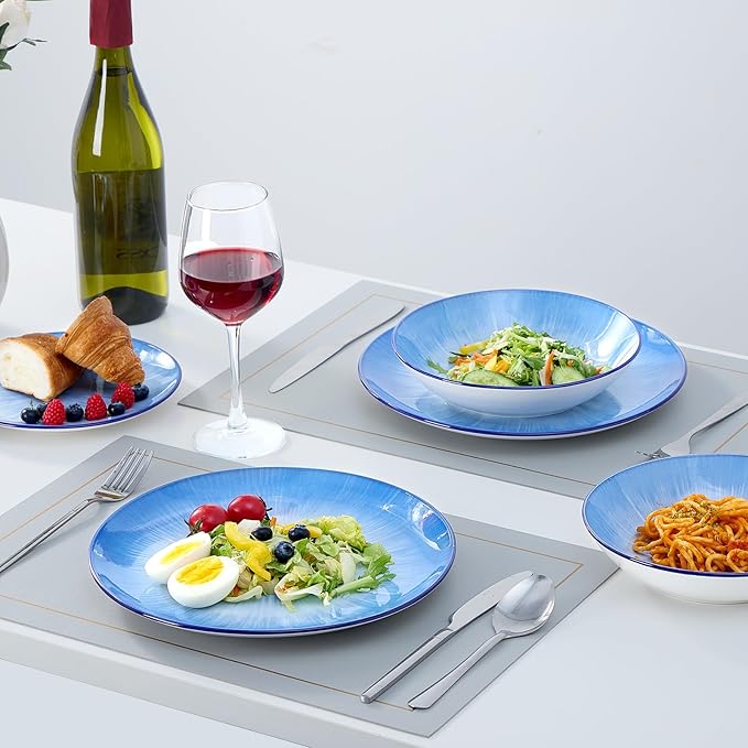 Bestone Porcelain Dinnerware Sets Service for 4, 12 pcs Hand drawn Plates and Bowls Sets, Handmade Ceramic Dish Set, Chip Resistant Modern Plate Set, Dishwasher/Microwave Safe竊똕tarburst blue