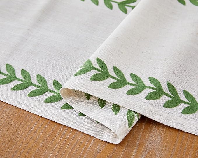 Wracra Embroidered Table Runner Irregular Willow Leaf Table Runners 36 Inches Long for Dresser Home Dining Table Decor,14 x 36 Inch, Green