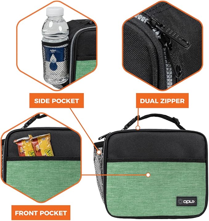opux Insulated Lunch Bag Kids, Lunch Box for School Boy Girl, Leakproof Small Reusable Compact Soft Mini Cooler Bag, Toddler Small Lunch Boxes Kit Pail with Front Side Pockets (Green)