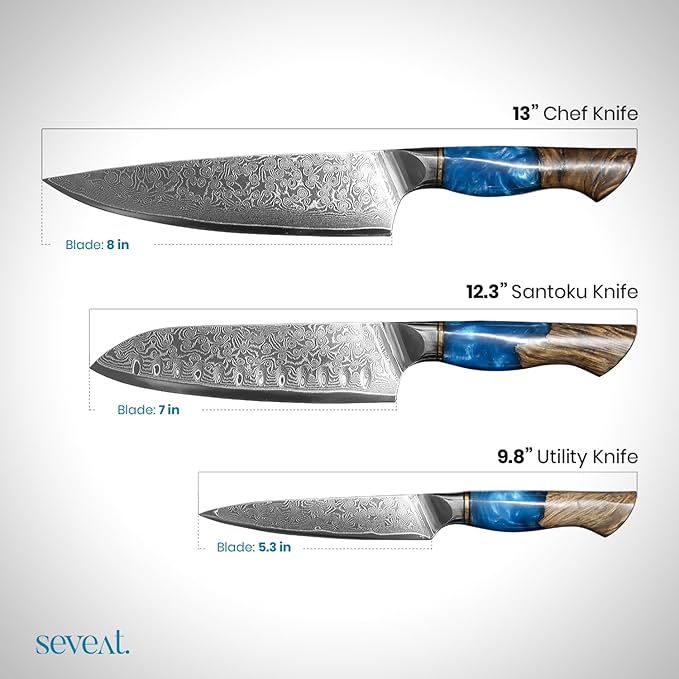 Damascus Kitchen Knife Set, 67-Layer Damascus Steel, 3-Piece Professional Set: 13??Chef, 12.3??Santoku & 9.8??Utility Knife, Ergonomic Wood & Resin Handle, Ideal for Gifting (Blue, 3 pieces)