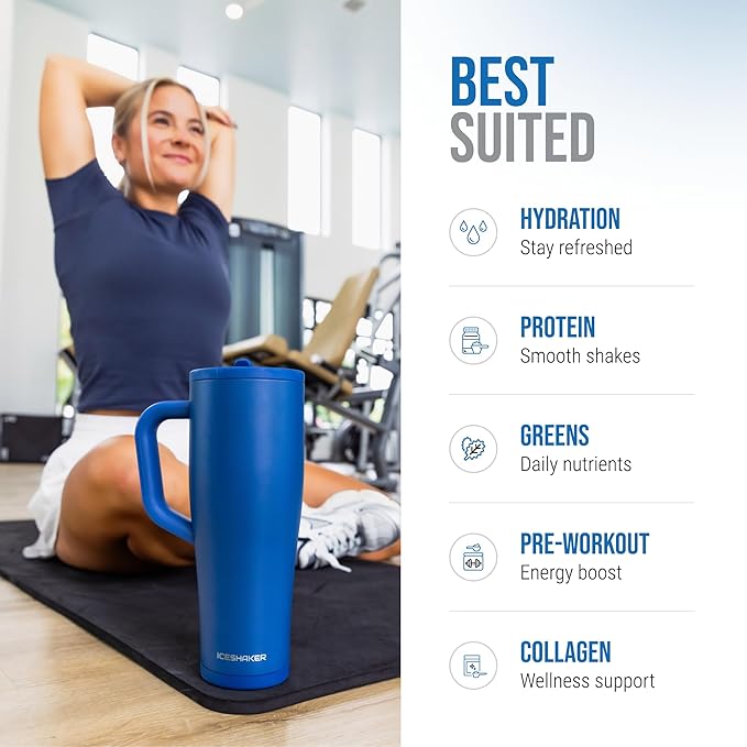 Ice Shaker 40 oz Tumbler with Handle and Straw | 40oz Navy | Cold for 30+ Hours | 2-in-1 Tumbler Shaker Bottle | Odor-Free 40 ounce Bottle for Water, Protein Shakes, Smoothies, Cocktails
