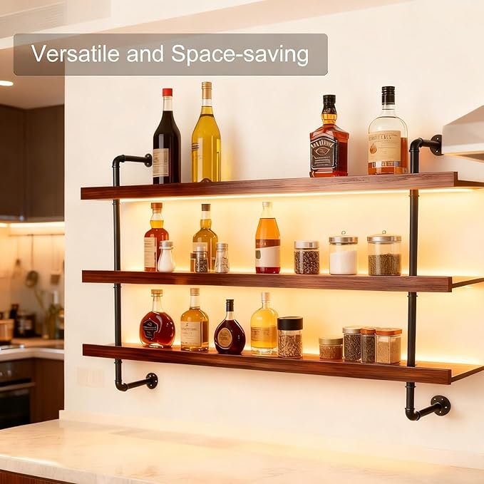 47.2in Large Wine Rack Wall Mounted, 3-Tier Floating Liquor Bottles Shelving with Light Wooden Storage Organizer Display for Kitchen, Bar, Dining Room, Cafe