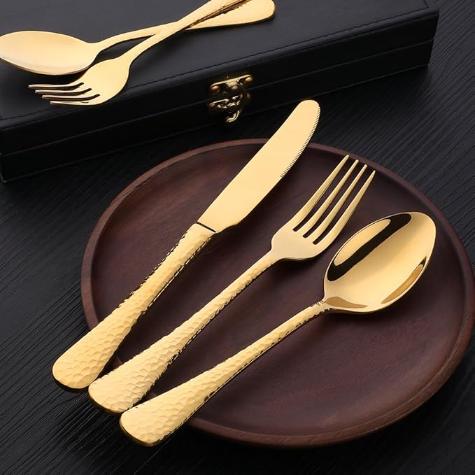 5-Piece Gold Silverware Flatware Set Service for 1 Stainless Steel Cutlery Set Include Dinner Knife Table Fork Table Spoon Salad Fork Tea Spoon for Wedding, Dishwasher Safe