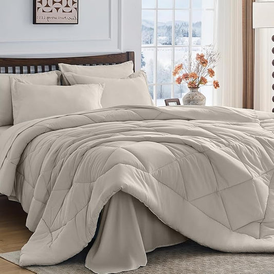 HEVUMYI Oatmeal Twin Comforter Set - 5-Piece All Season Bed in a Bag Twin, Ultra Soft Bedding Set with Comforter, Flat Sheet, Fitted Sheet, Pillowcases, Pillow Shams