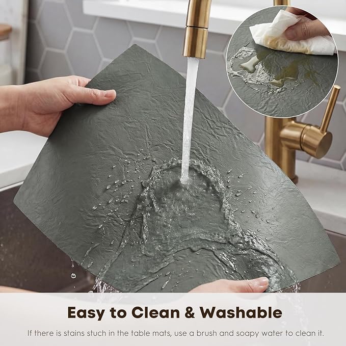 Artoid Mode Grey Faux Leather Placemats Set of 4, 12x18 Inch Waterproof Wipeable Heat Resistant Place Mats, Reversible Table Mats for Winter Kitchen Dining Decor