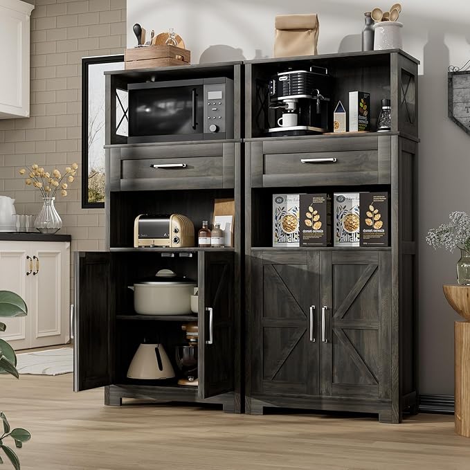 55" Tall Kitchen Pantry, Farmhouse Storage Cabinet with Doors, Shelves and Drawer, Rustic Wood Cupboard for Kitchen, Dining Room (Ash Grey)
